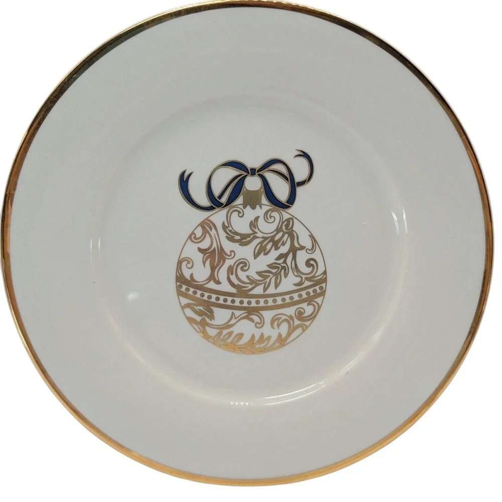 Pier One Christmas Dessert Plate Ornament Blue Bow Gold Trim Vintage Holiday